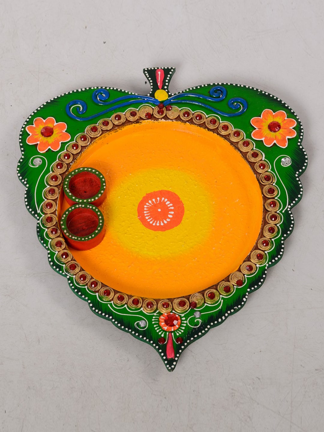 eCraftIndia Orange & Green Handcrafted Leaf-Shaped Multiutility Pooja Thali Price in India