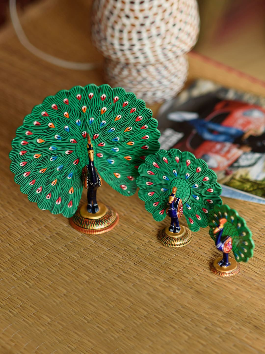 eCraftIndia Set of 3 Green & Black Peacock-Shaped Meenakari Showpieces Price in India