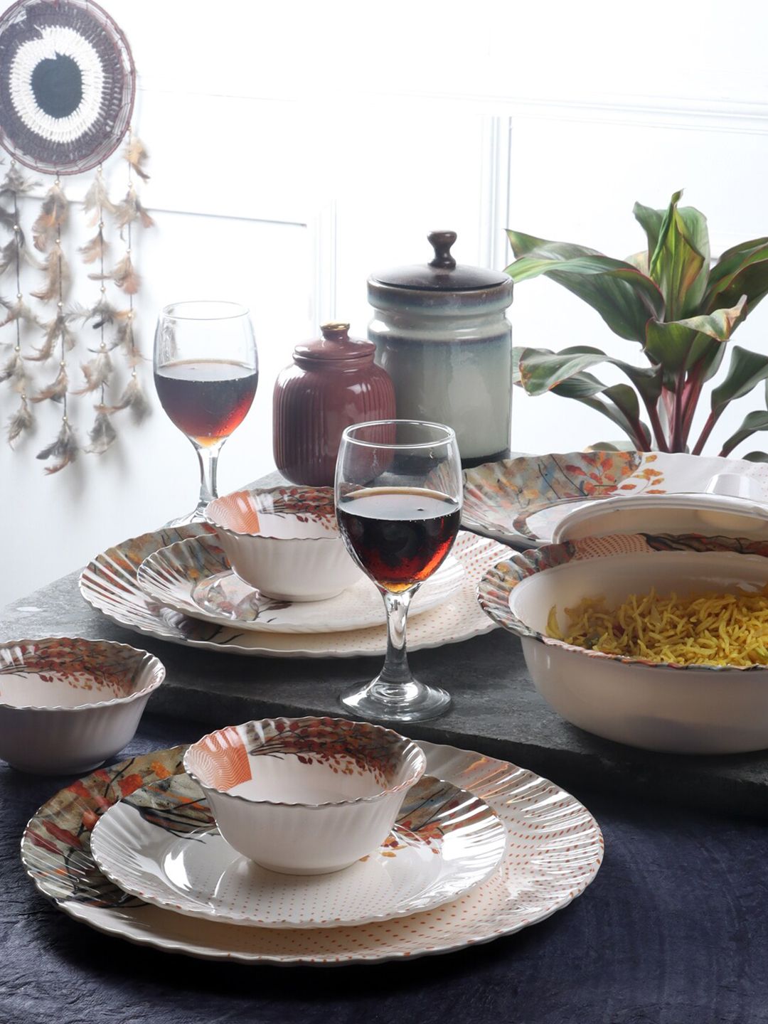 CDI White & Brown Set Of 33 Printed Melamine Glossy Dinner Set Price in India