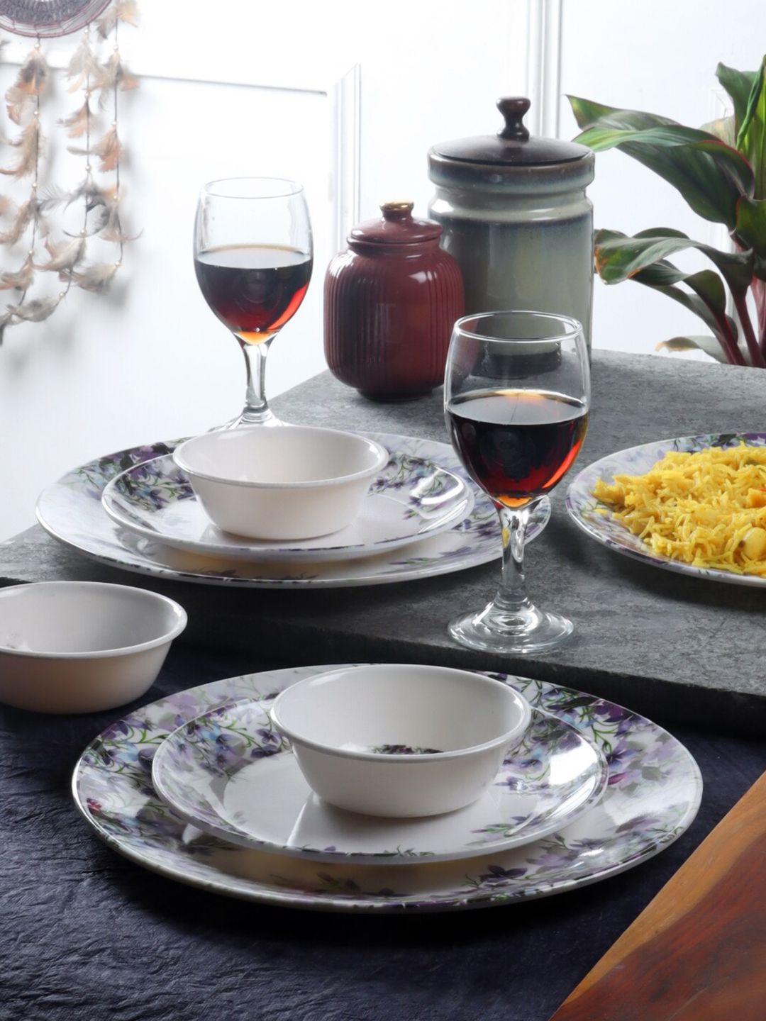 CDI White & Purple Set Of 18 Printed Melamine Glossy Dinner Set Price in India