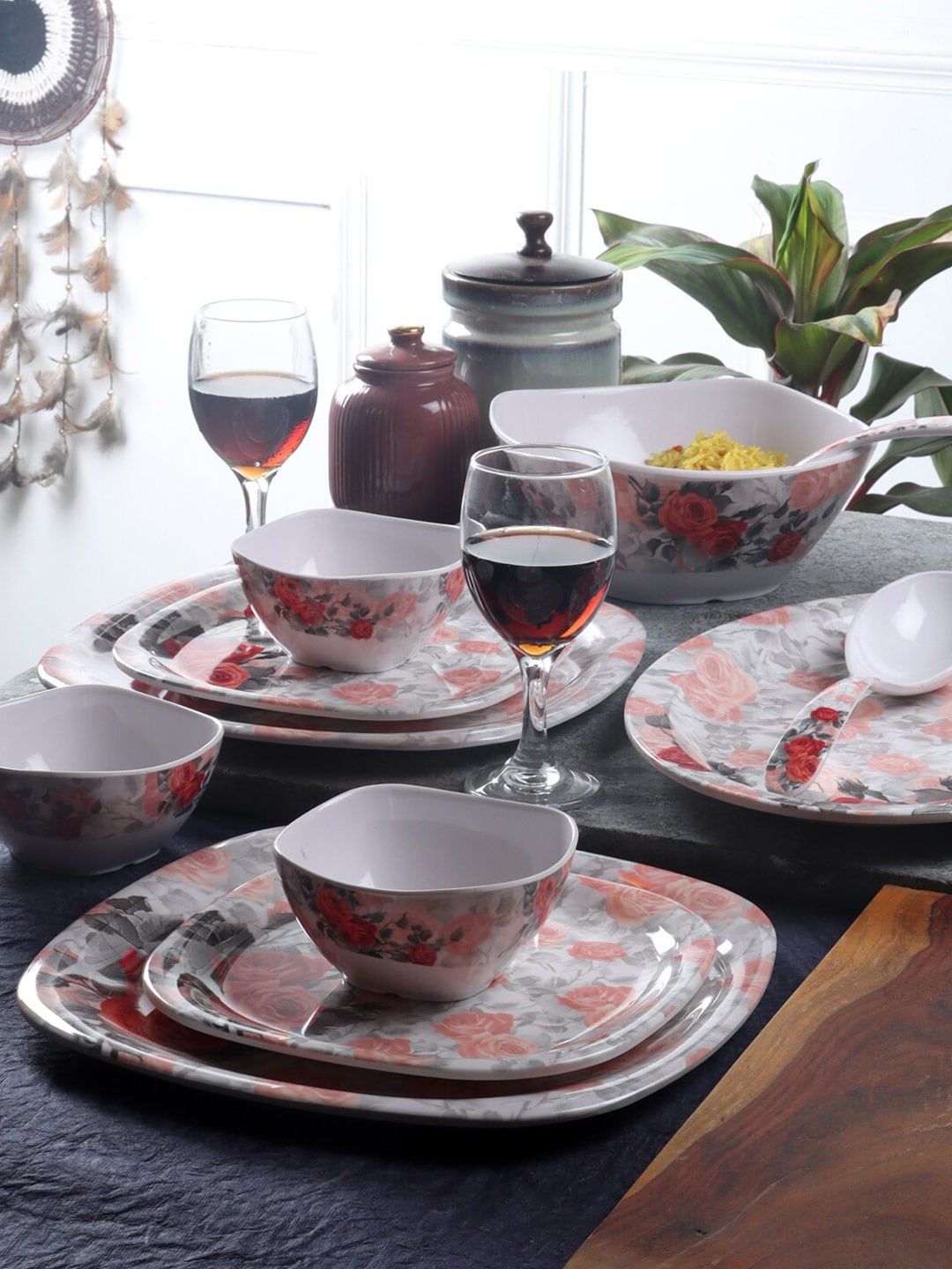 CDI White & Red Set Of 31Printed Melamine Glossy Dinner Set Price in India