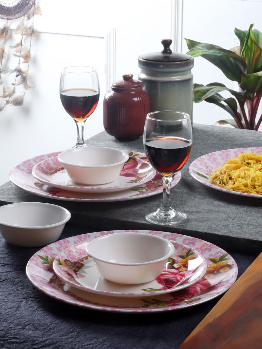 CDI White & Pink 18 Pieces Printed Melamine Glossy Dinner Set Price in India