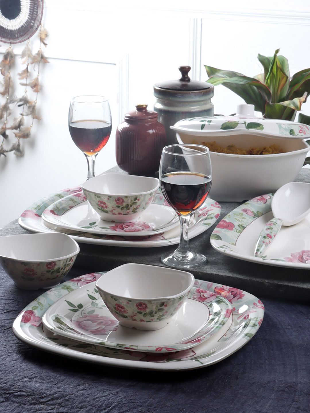 CDI White & Pink 33 Pieces Printed Melamine Glossy Dinner Set Price in India