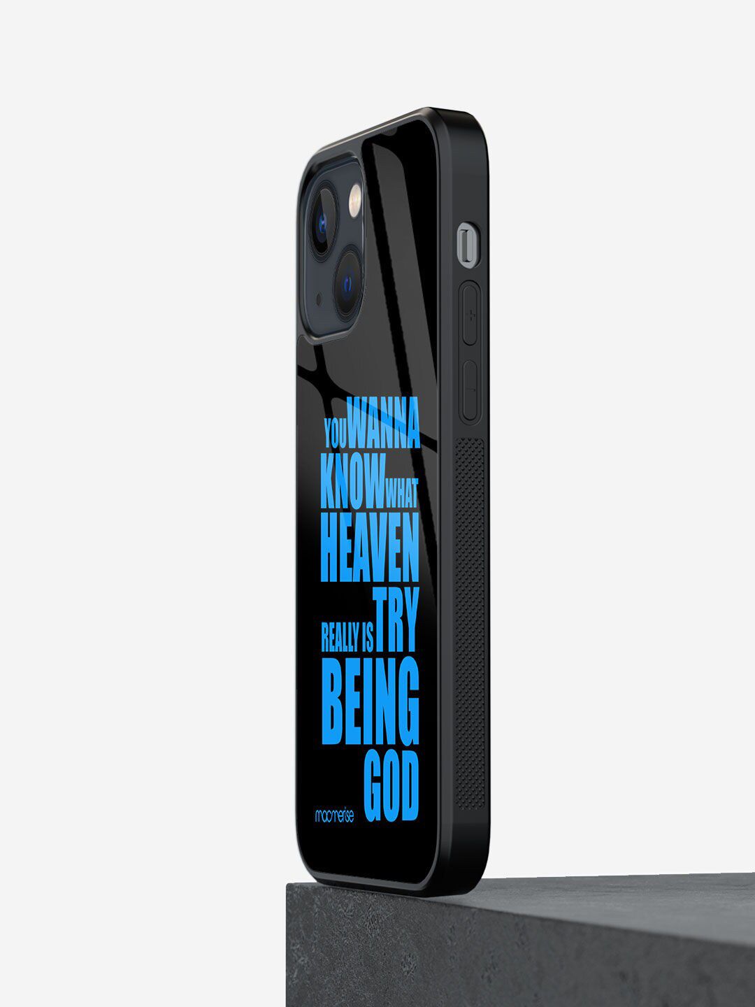 macmerise Black & Blue Try Being God Printed iPhone 13 Mini Glass Back Case Price in India