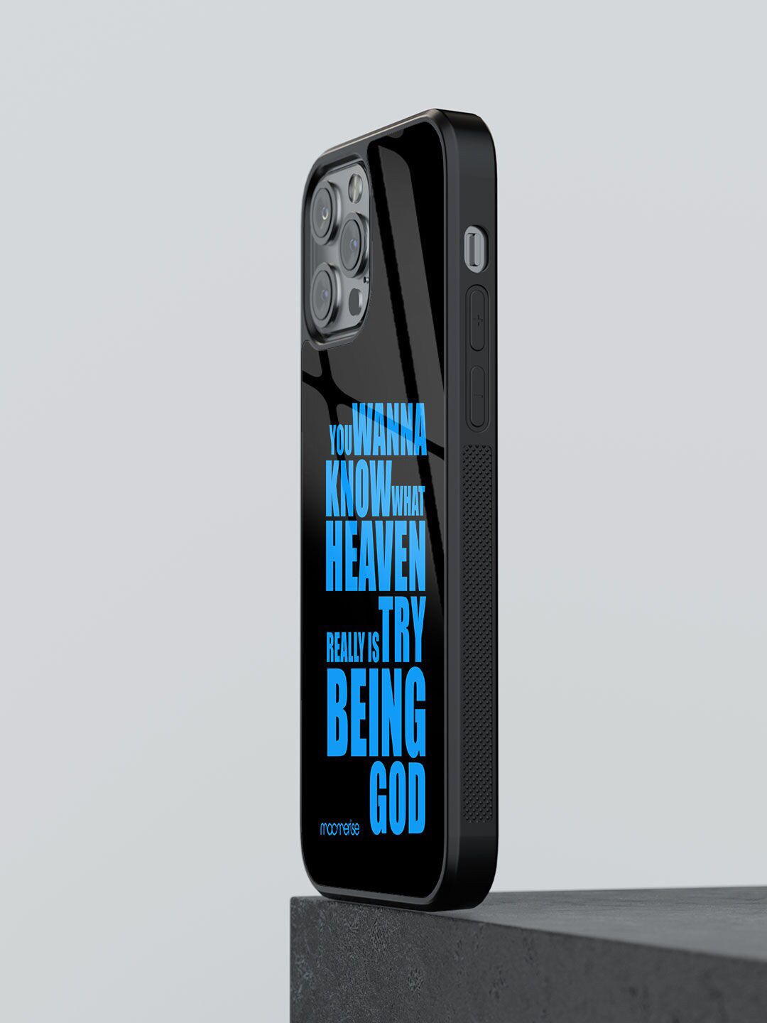 macmerise Black & Blue Printed Try Being God Glass iPhone 13 Pro Back Case Price in India