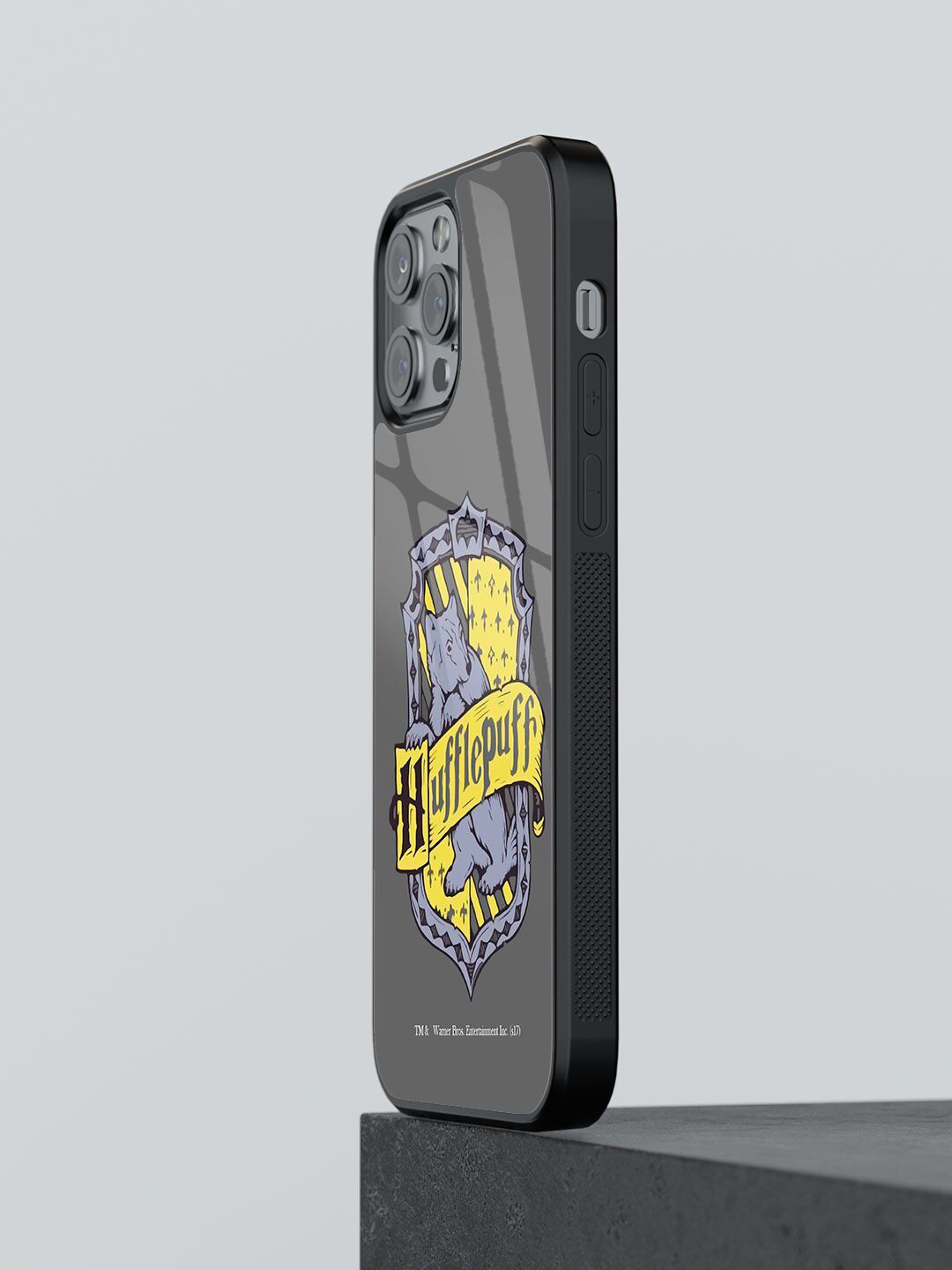 macmerise Grey & Yellow Printed Crest Hufflepuff Glass iPhone 13 Pro Max Back Case Price in India