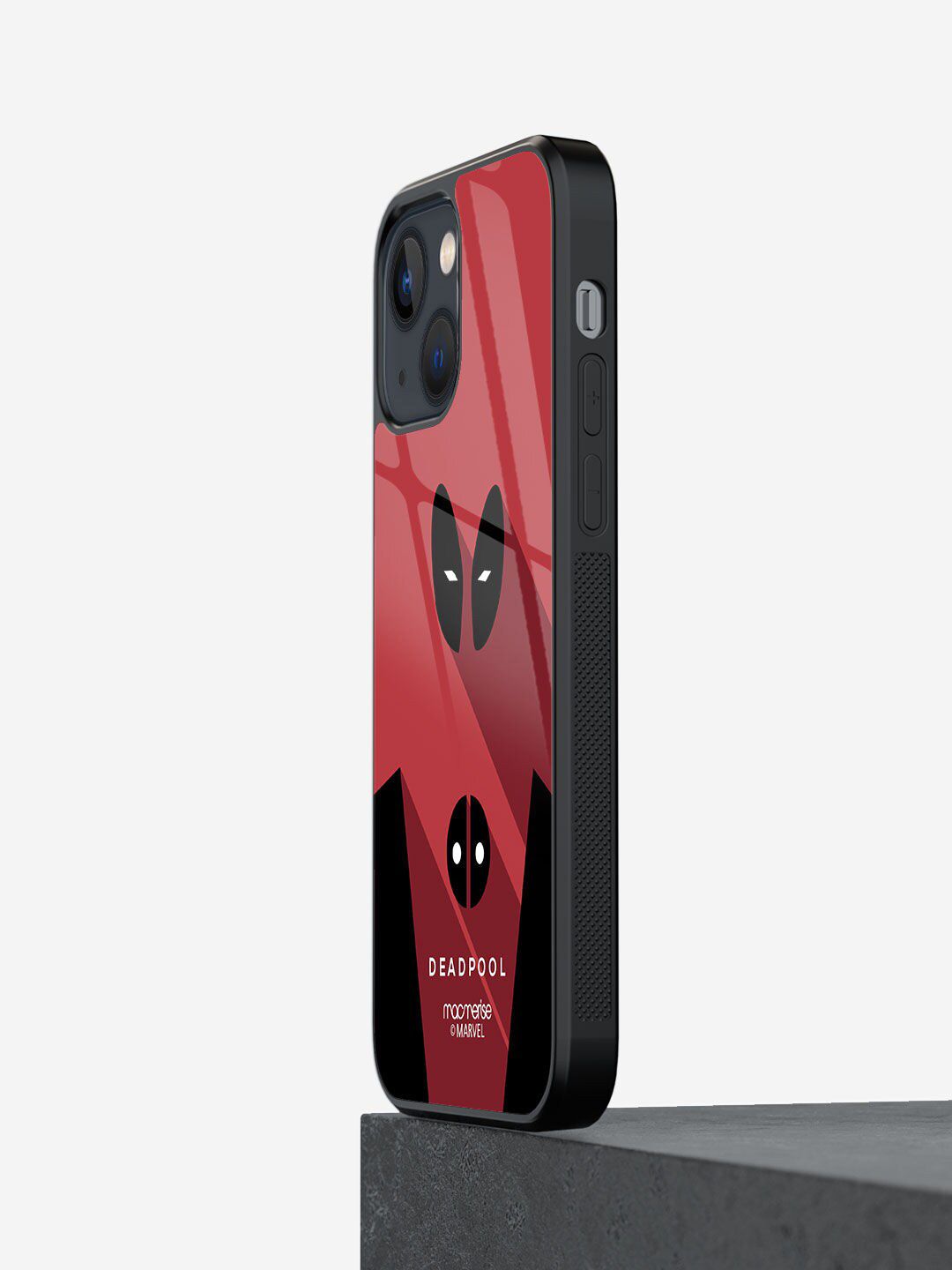 macmerise Red & Black Printed Minimalistic Deadpool Glass iPhone 13 Back Case Price in India