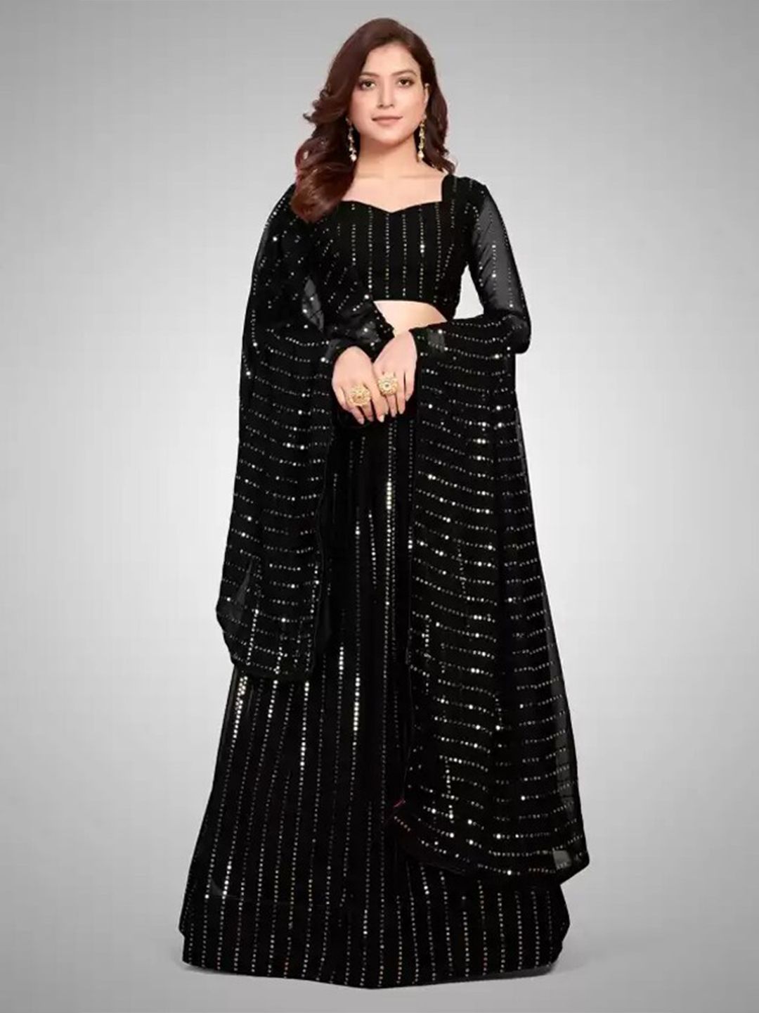 Ethnic Yard Black Sequined Semi-Stitched Lehenga & Unstitched Blouse With Dupatta Price in India