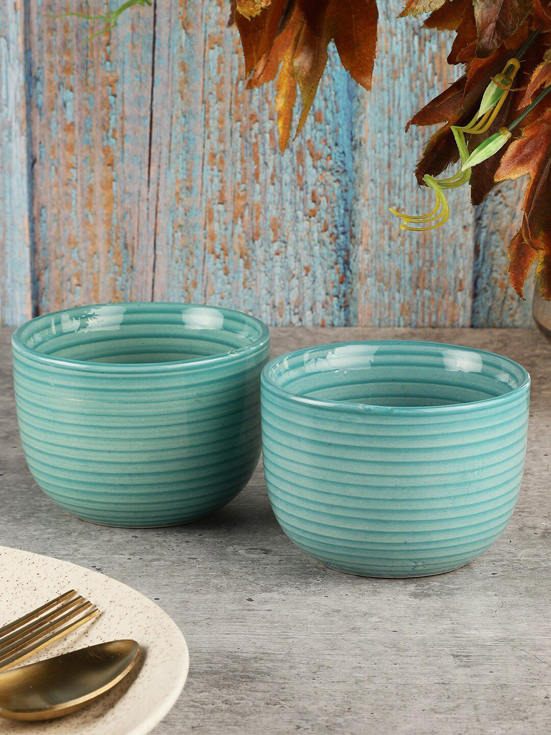 MIAH Decor 2 Pieces  Green Printed Porcelain Glossy Bowls Price in India