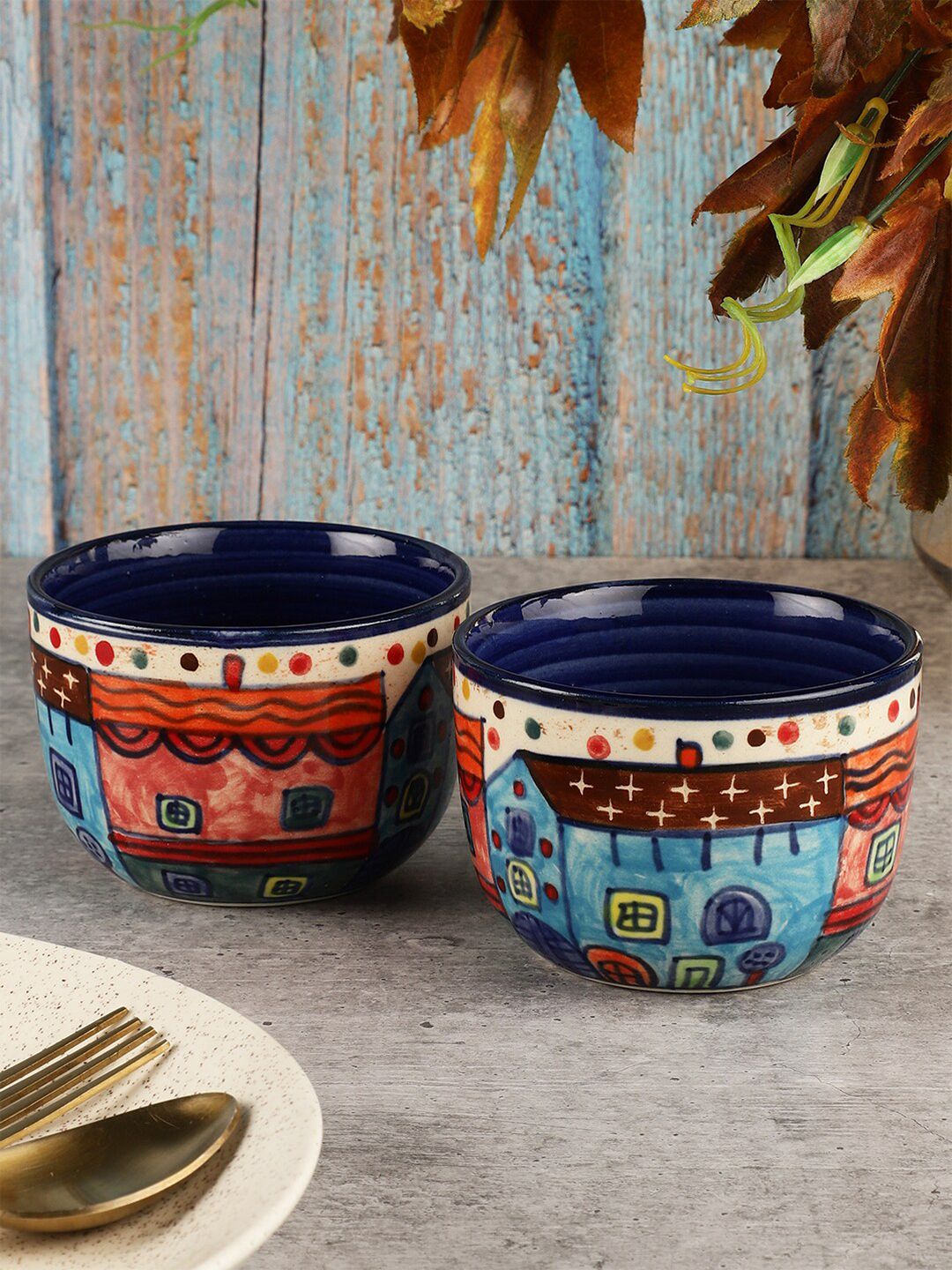 MIAH Decor Pack Of 2 Black & Blue Pieces Handcrafted and Hand Painted Porcelain Glossy Bowls Price in India