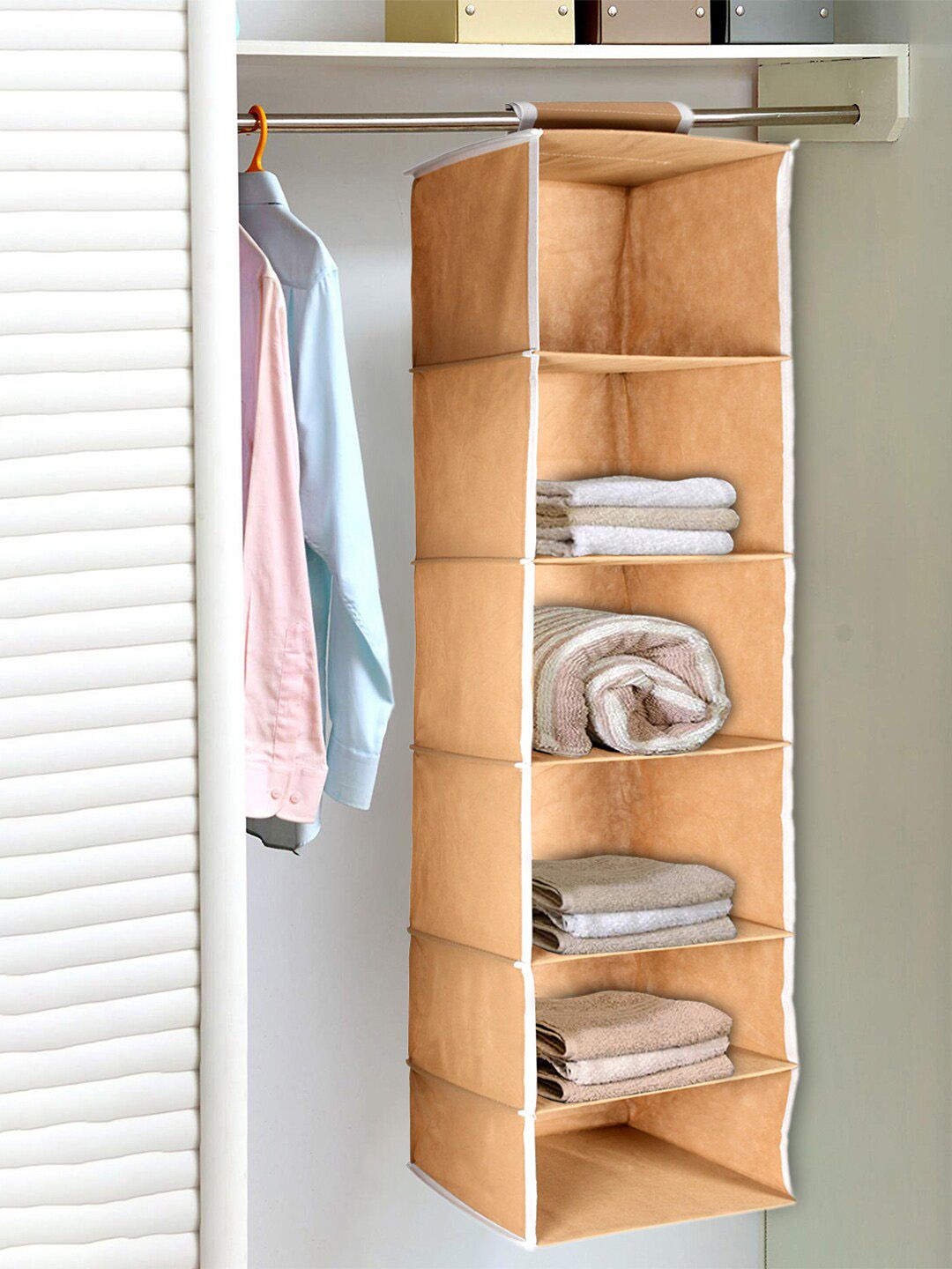 Kuber Industries Brown Solid 6 Shelf Wardrobe Organizer Price in India