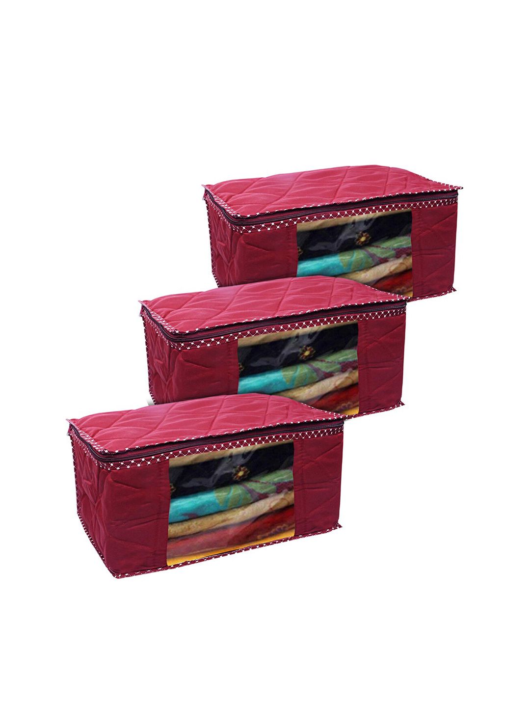 Kuber Industries Set Of 3 Maroon Solid Saree Covers With Transparent Window Price in India