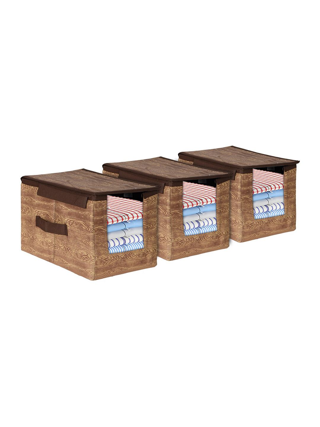 Kuber Industries Pack of 3 Brown Printed Shirt Stacker With Handle & Lid Price in India