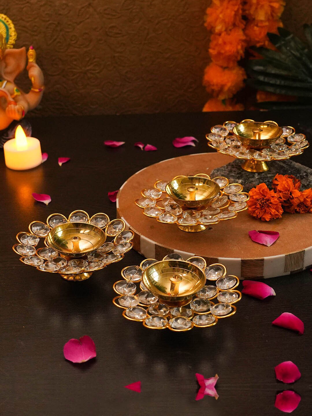 TIED RIBBONS Set of 4 Gold-Toned Decorative Crystal Diyas Price in India