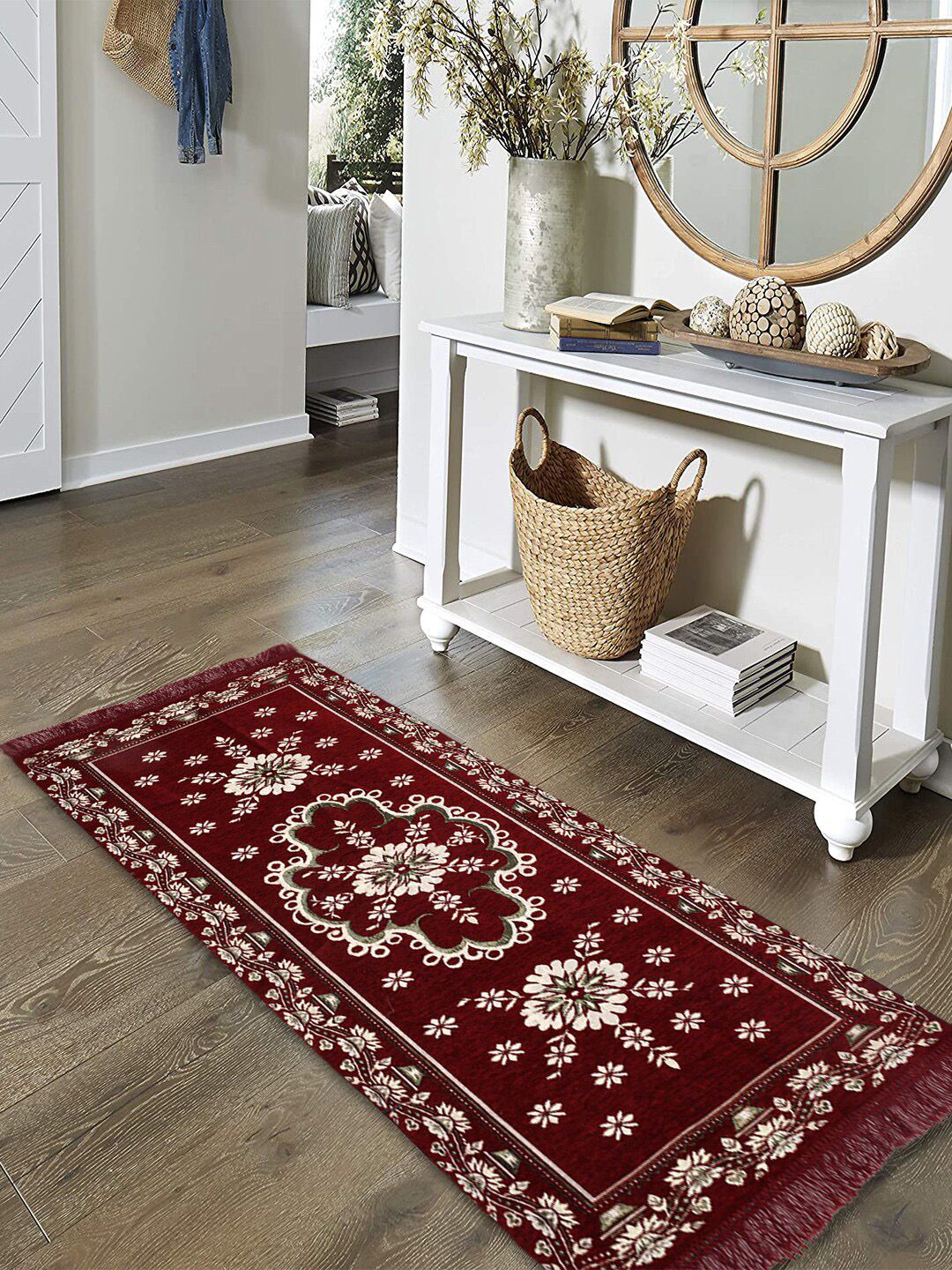 Kuber Industries Maroon Flower Printed Rug Bedside Runner Price in India