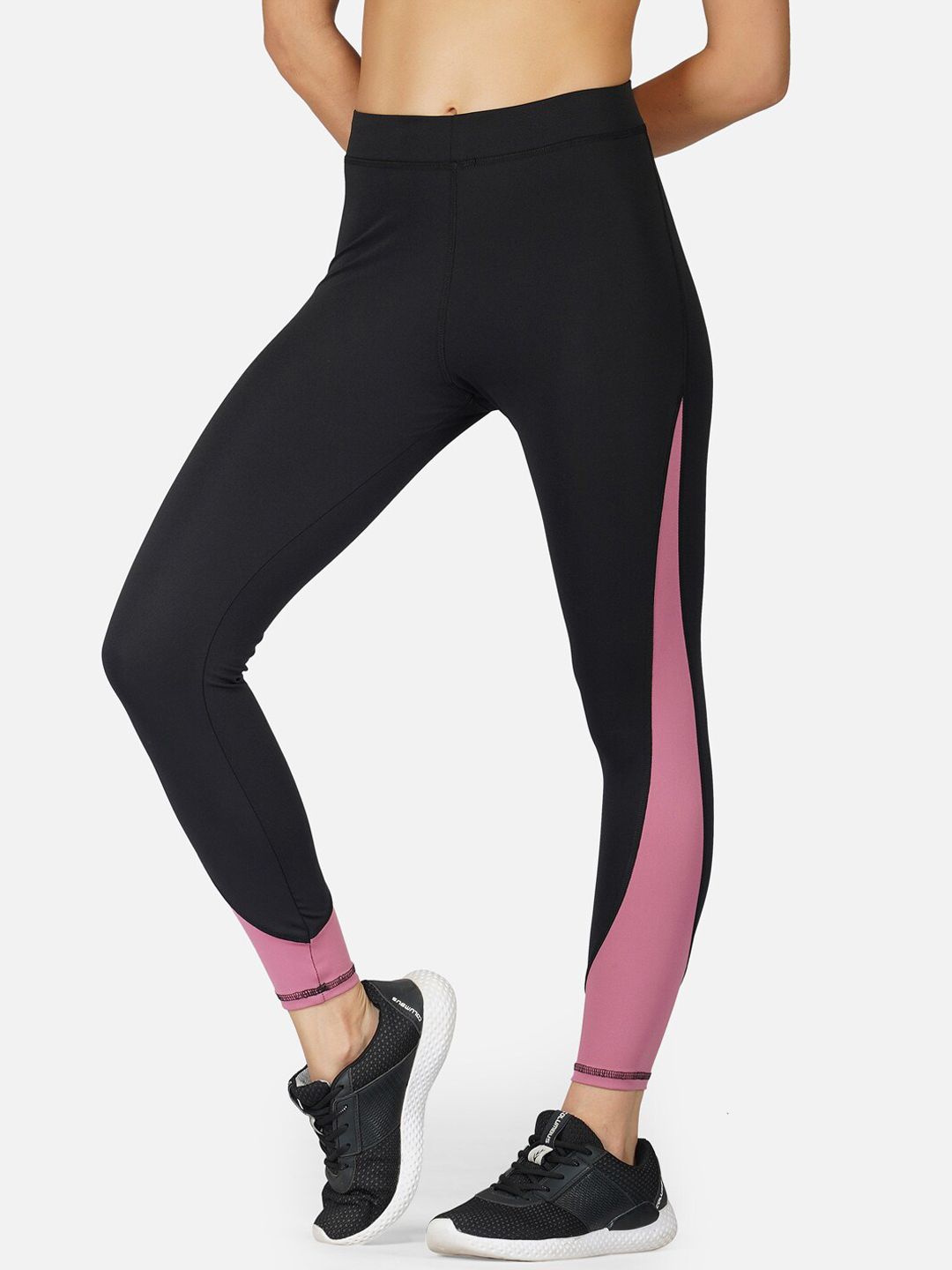 IMPERATIVE Women Black & Pink Colourblocked Slim-Fit Tights Price in India