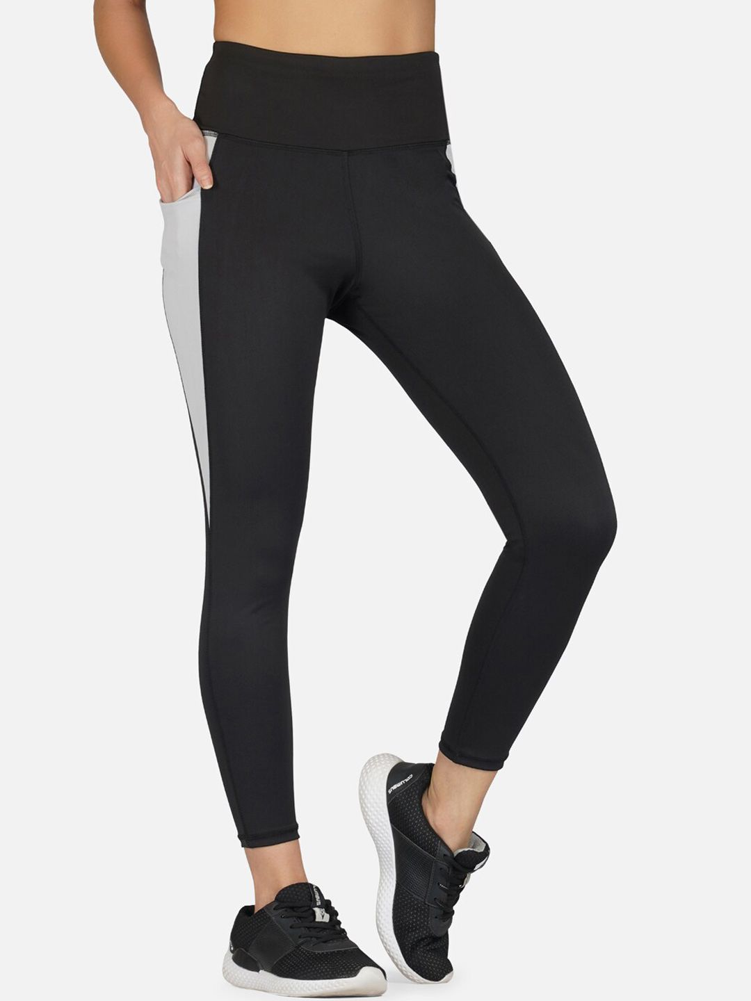 IMPERATIVE Women Black & Grey Colourblocked Slim-Fit Tights Price in India