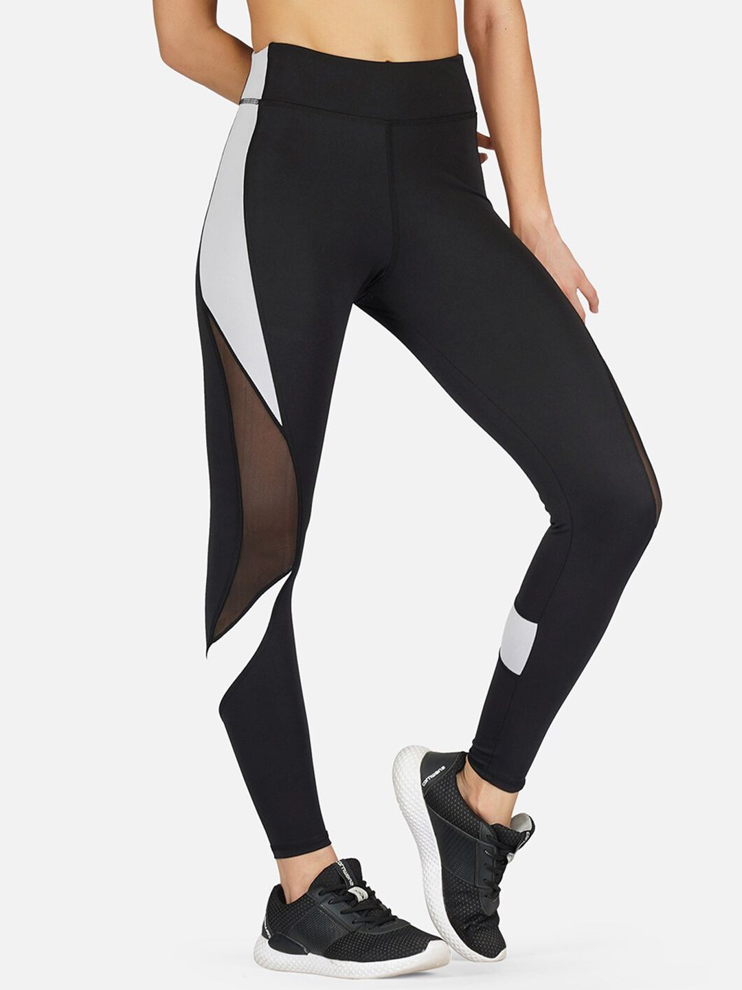 IMPERATIVE Women Black & White Colourblocked Slim-Fit Tights Price in India