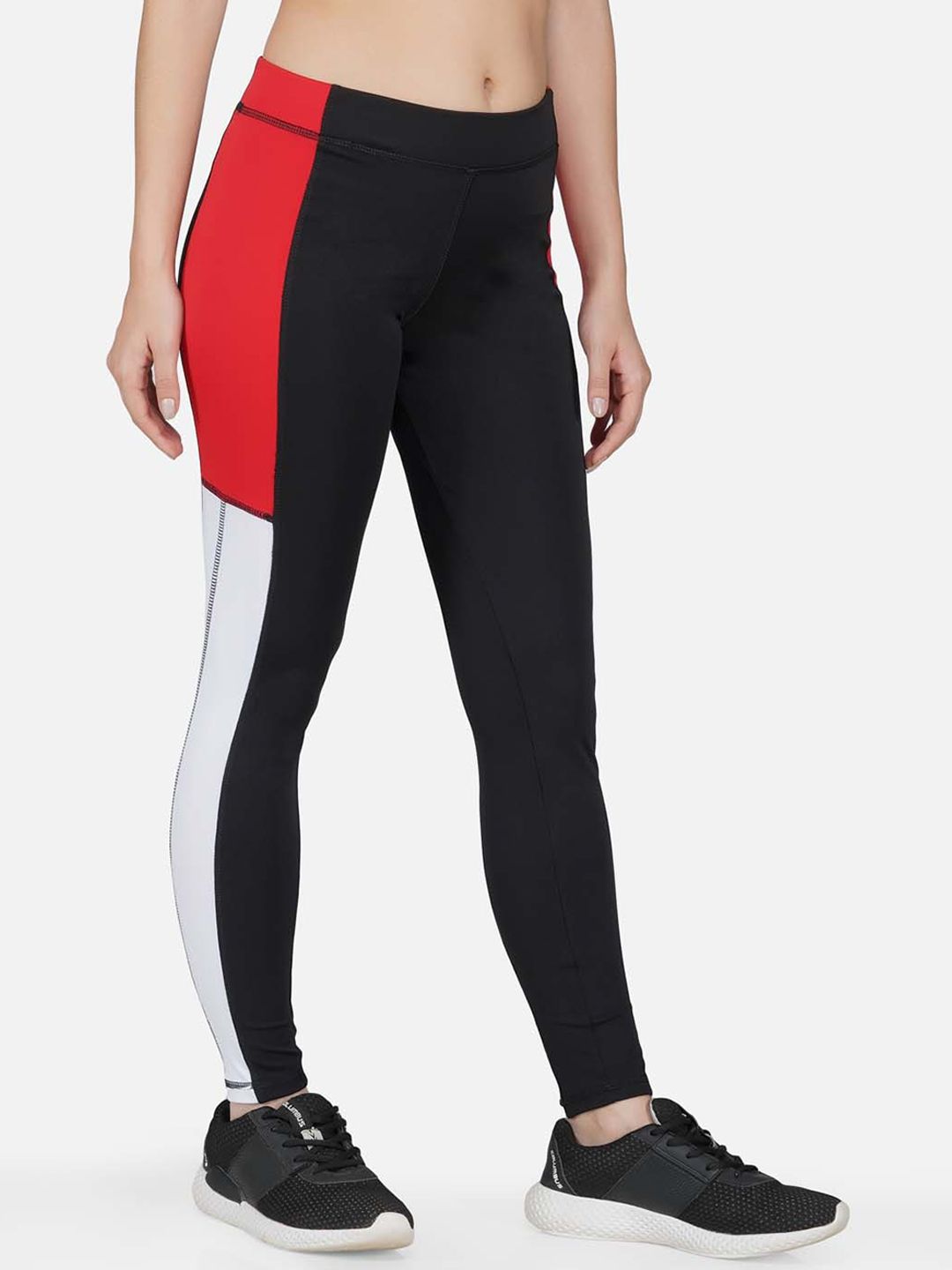NEU LOOK FASHION Women Black & Red Colourblocked Slim-Fit Tights Price in India