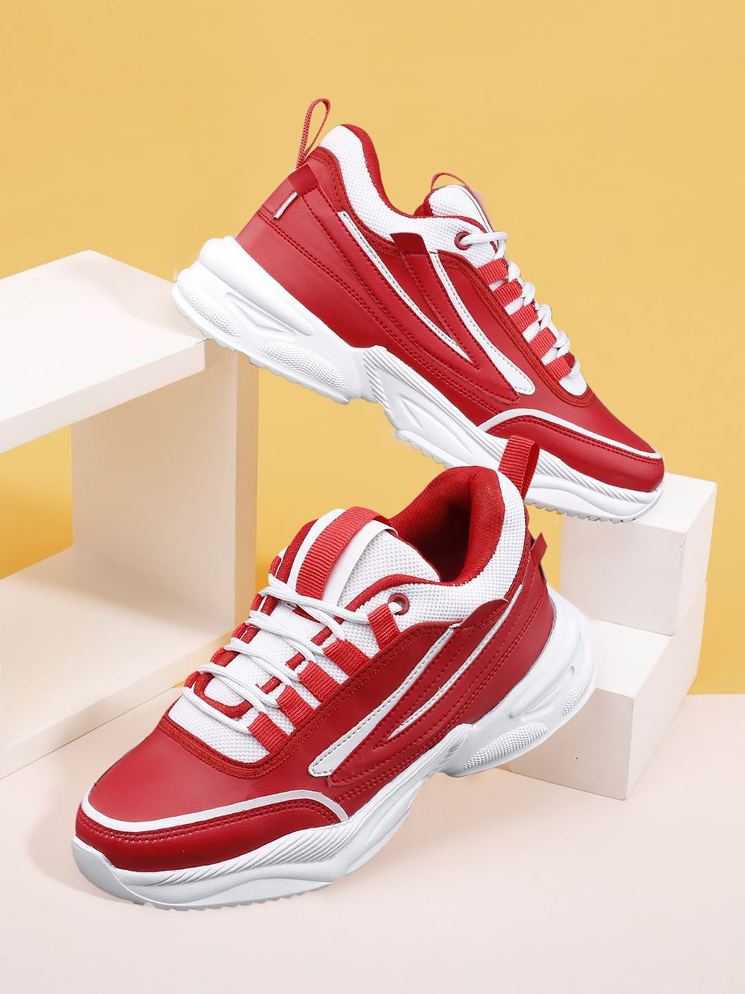 AROOM Women Red Colourblocked High-Top Sneakers Price in India