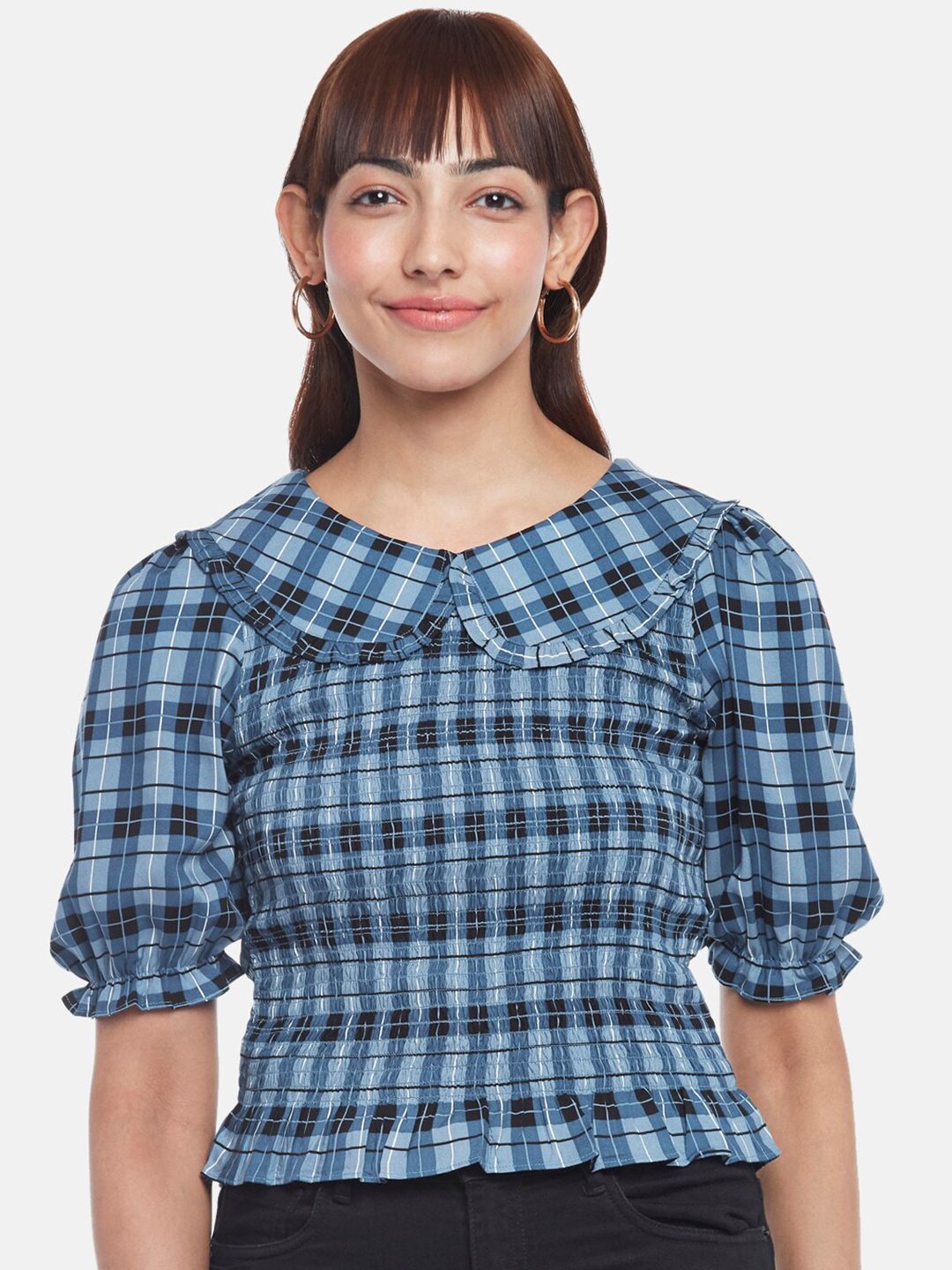 Honey by Pantaloons Blue Checked Peter Pan Collar Blouson Top Price in India