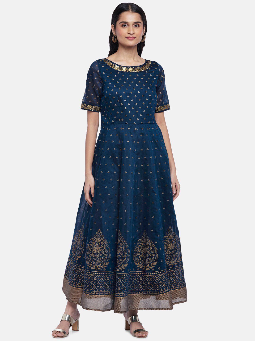 RANGMANCH BY PANTALOONS Women Blue Ethnic Motifs Print Sequins Embroidered Maxi Dress Price in India