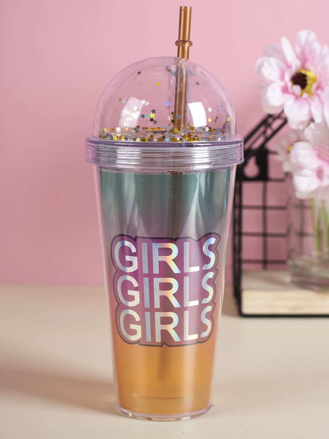 MARKET99 Pink & Green Printed Plastic Tumbler With Straw & Lid Price in India