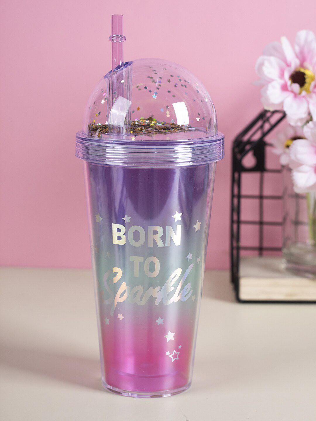 MARKET99 Pink Printed Plastic Tumbler Water Bottle With Straw & Lid Price in India