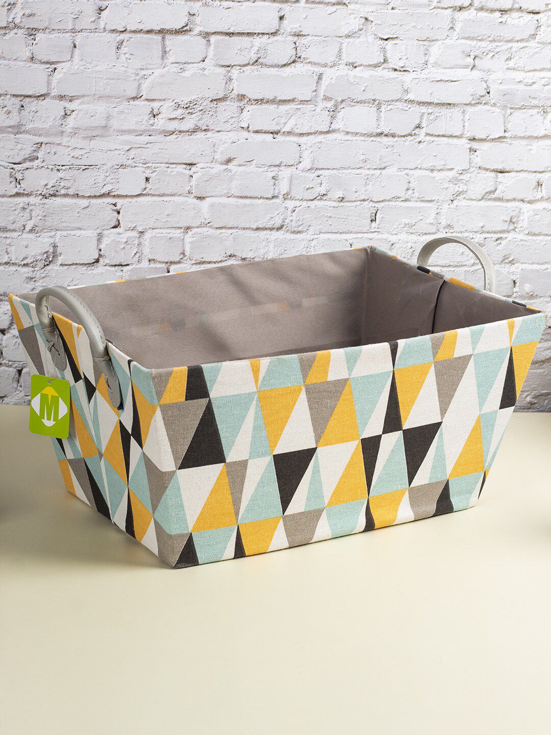 MARKET99 Yellow & White Geometric Canvas Basket Organizer With Handle Price in India