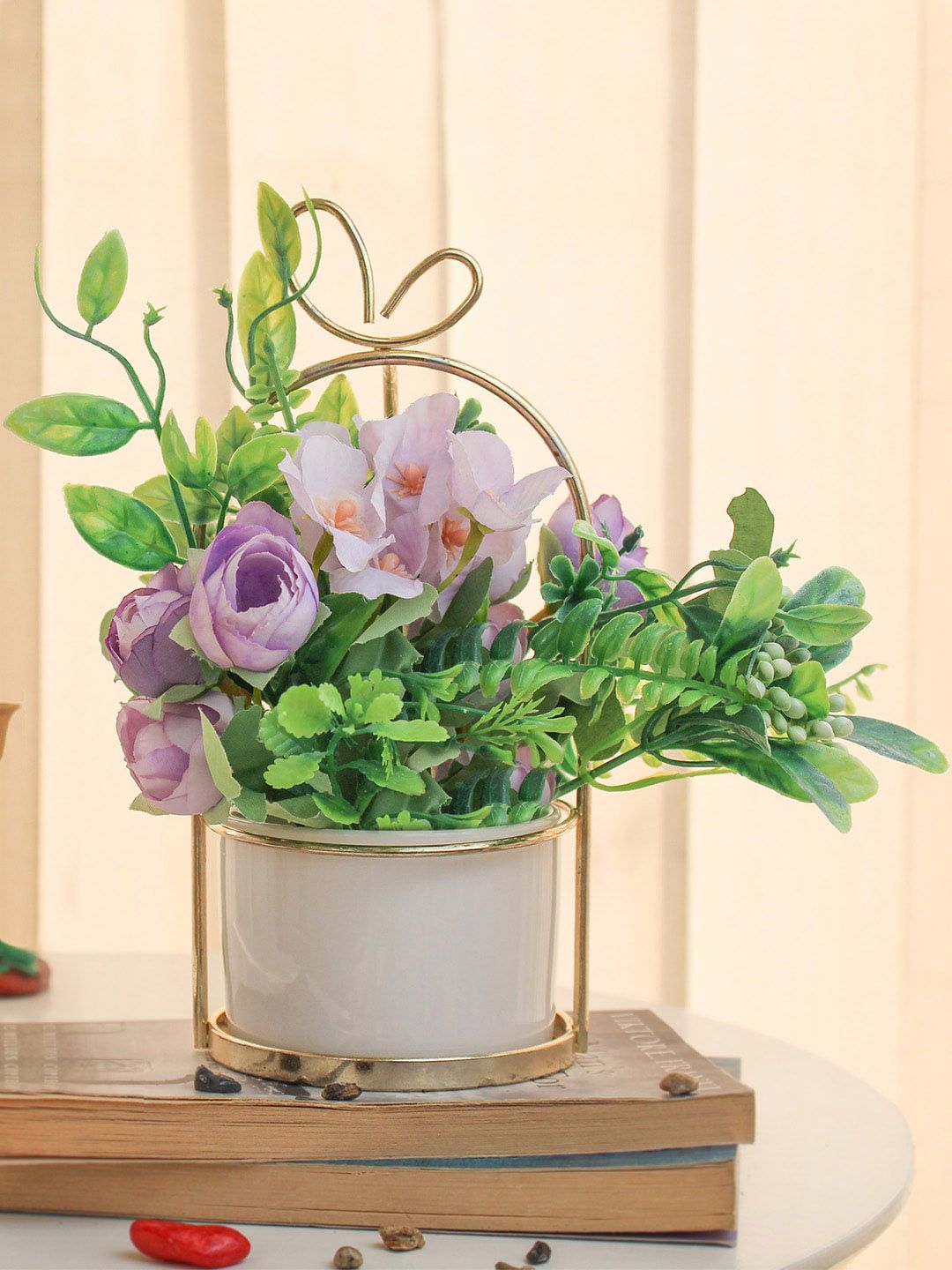 TIED RIBBONS Purple & Green Artificial Rose Flowers Plant With Pot & Stand Price in India