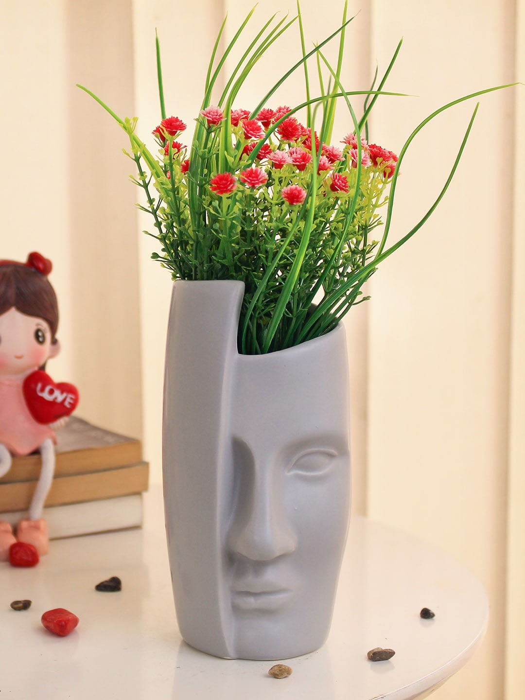 TIED RIBBONS Pink & White Artificial Gypsophila Flowers Plant with Face Pot Vase Price in India