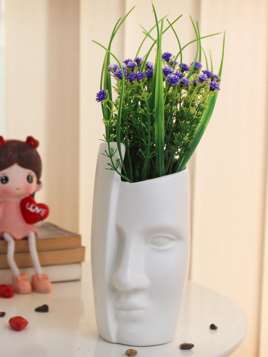 TIED RIBBONS Blue & White Artificial Gypsophila Flowers Plant With Face Pot Vase Price in India