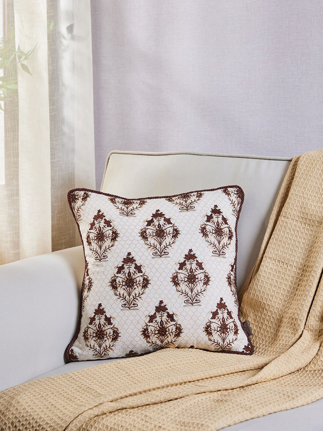 Pure Home and Living Brown & Cream-Coloured Embroidered Square Cushion Cover Price in India