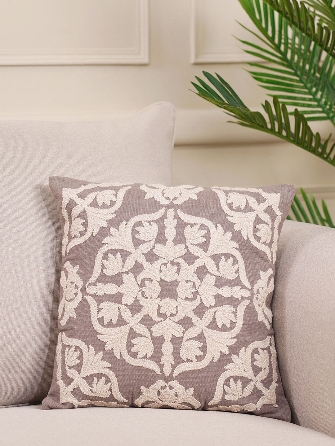 Pure Home and Living Grey & Cream-Coloured Embroidered Square Cushion Covers Price in India