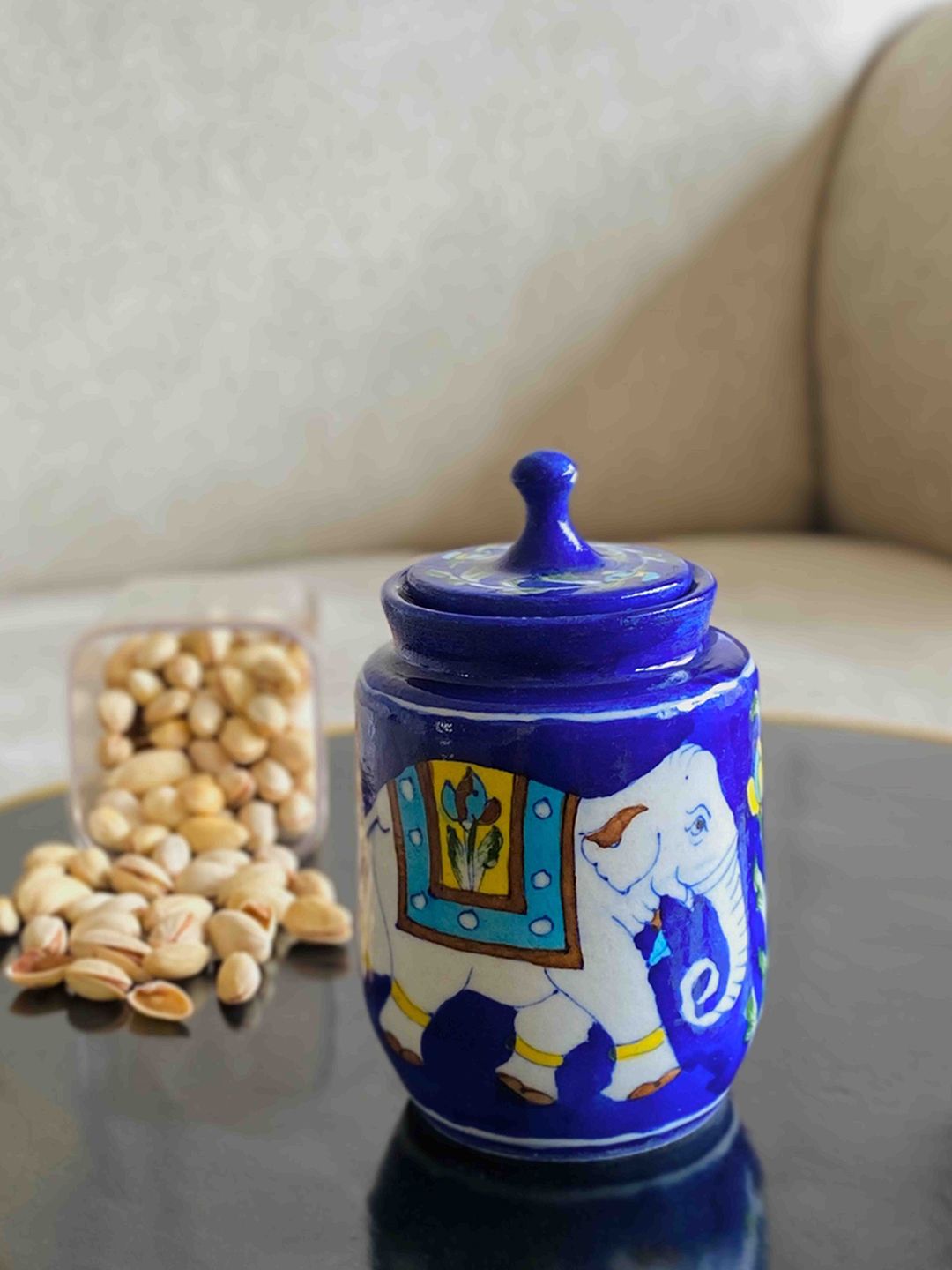 Folkstorys Blue Hand-Painted Ceramic Storage Jar Price in India