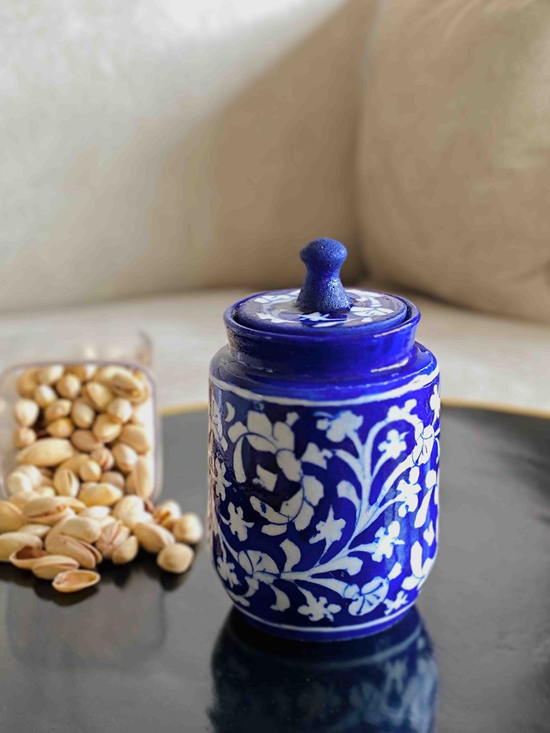Folkstorys Blue Hand-painted Ceramic Storage Jar Price in India