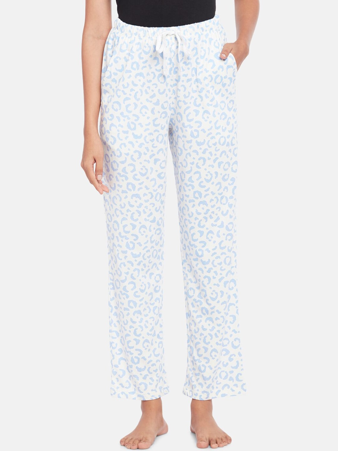 Dreamz by Pantaloons Women White & Blue Printed Pure Cotton Lounge Pants Price in India