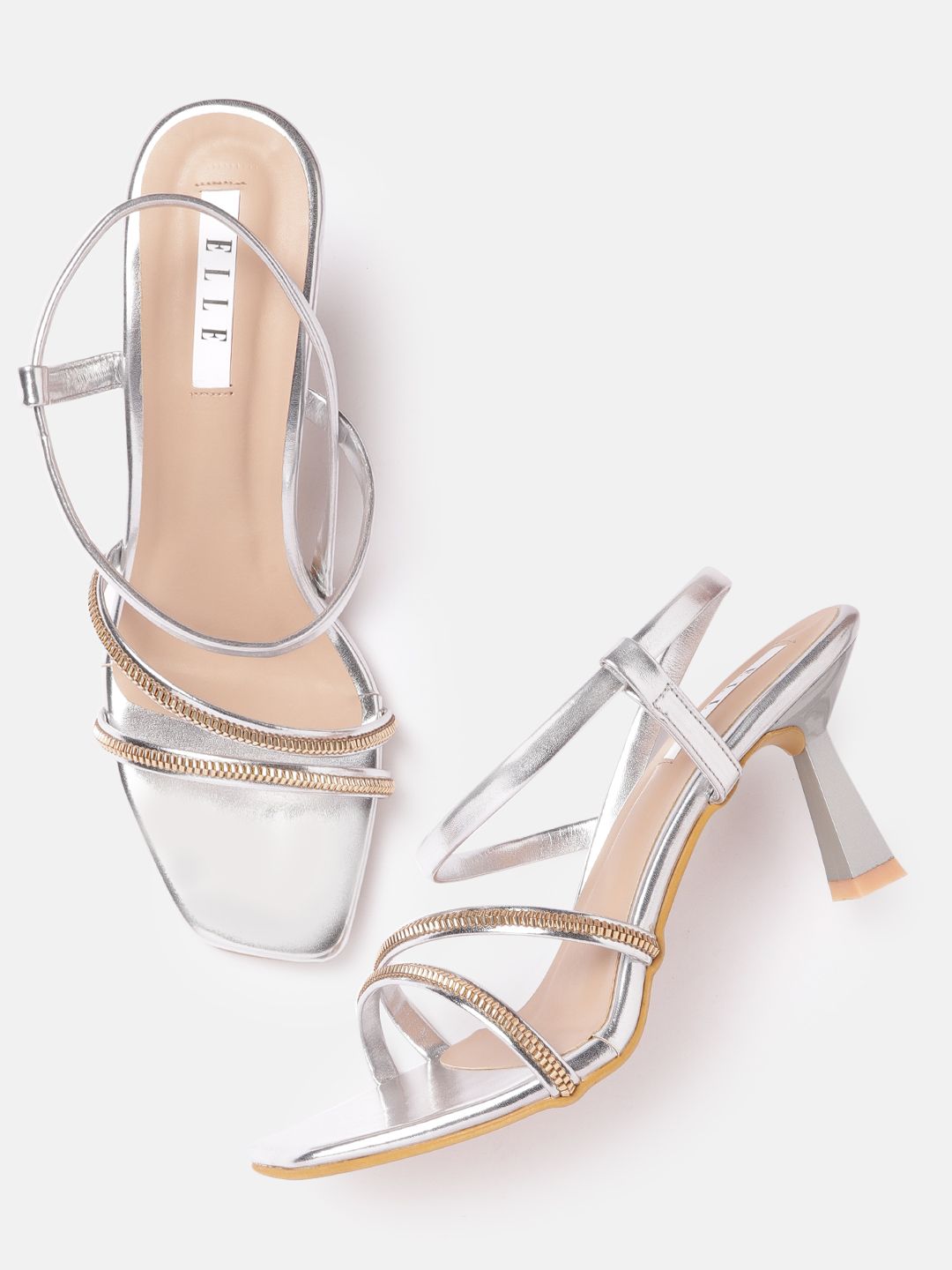 ELLE Silver-Toned & Rose Gold-Toned Link Embellished Block Heels