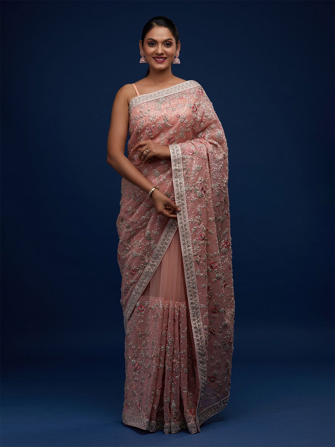 Koskii Peach-Coloured & Silver-Toned Embellished Sequinned Supernet Saree Price in India