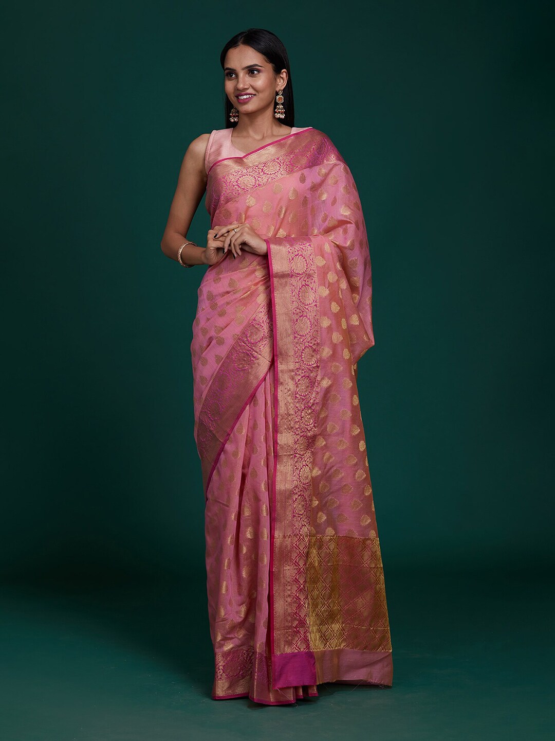 Koskii Peach-Coloured & Gold-Toned Woven Design Zari Art Silk Banarasi Saree Price in India