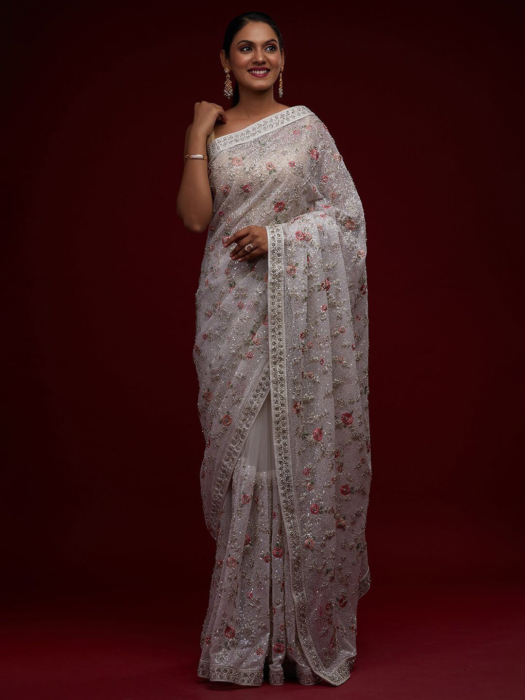 Koskii White & Pink Embellished Beads and Stones Supernet Saree Price in India