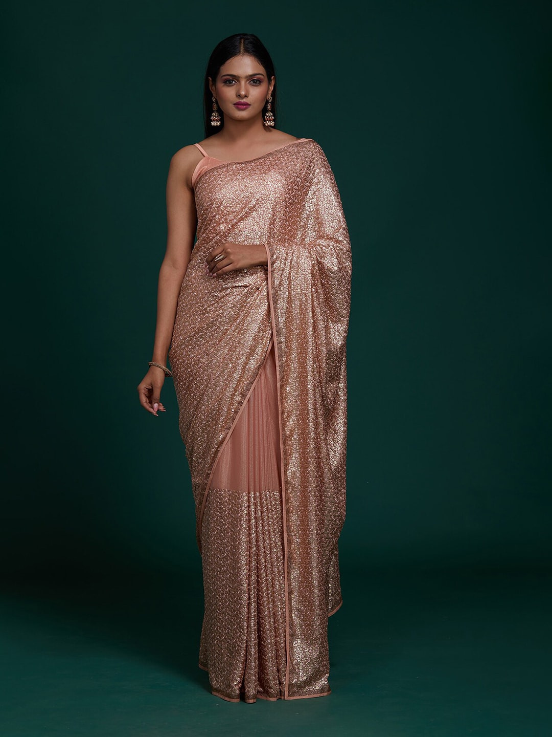 Koskii Peach-Coloured & Gold-Toned Embellished Sequinned Supernet Saree Price in India