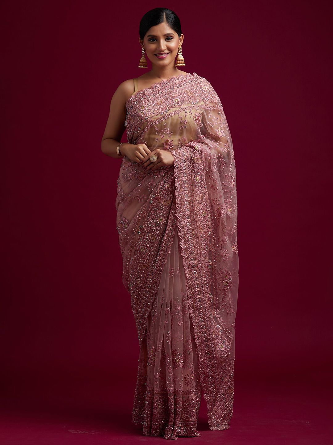 Koskii Pink Floral Embroidered Supernet Saree Price in India