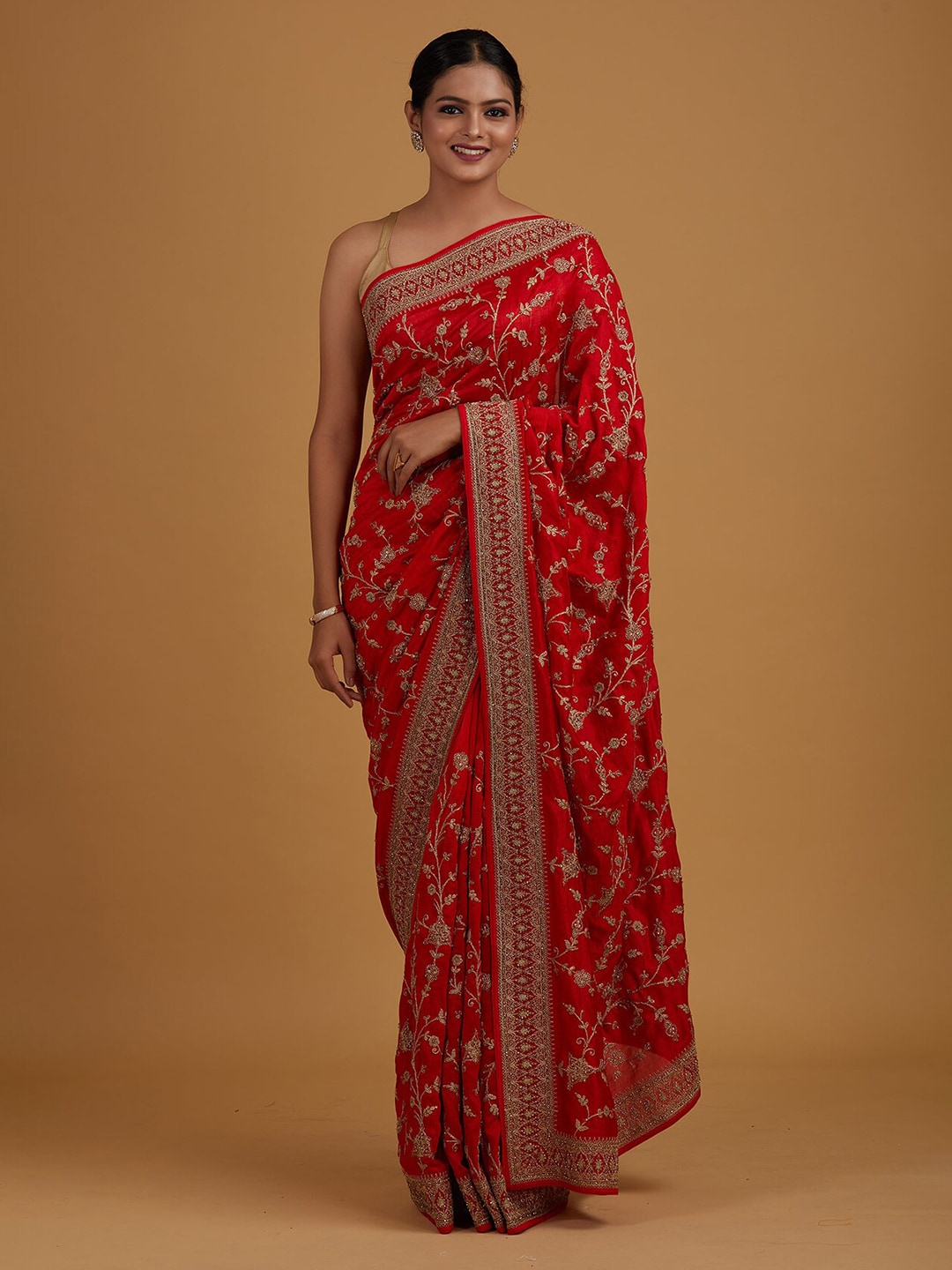 Koskii Red & Gold-Toned Floral Embroidered Art Silk Saree Price in India