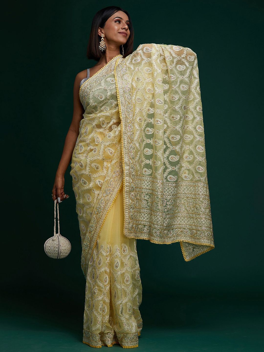Koskii Yellow & Off White Floral Embroidered Supernet Saree Price in India