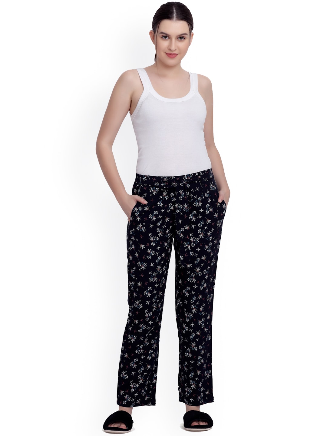 MAYSIXTY Women Navy Blue Printed Cotton Lounge Pant Price in India