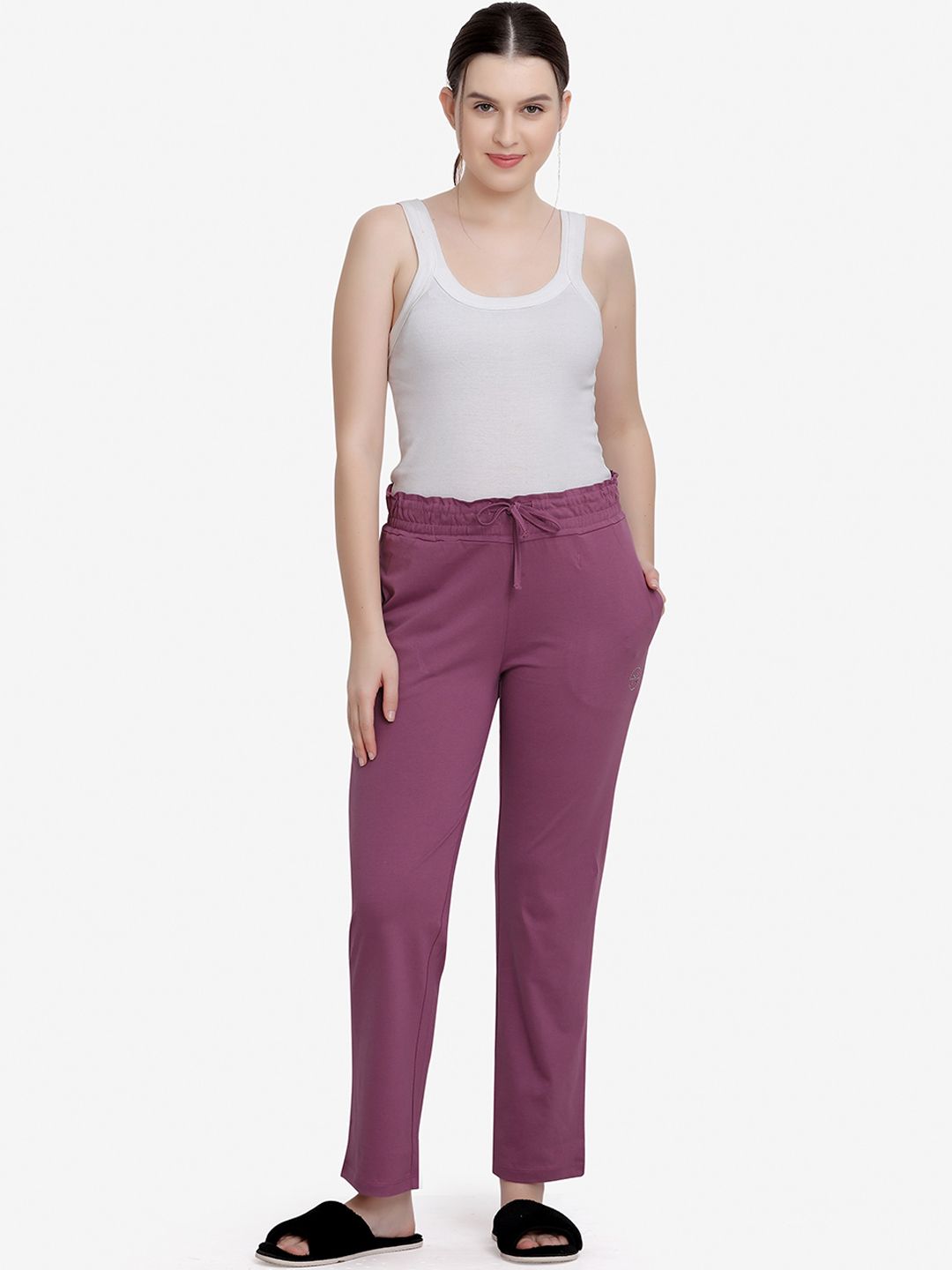 MAYSIXTY Women Purple Solid Slim-Fit Cotton Lounge Pants Price in India