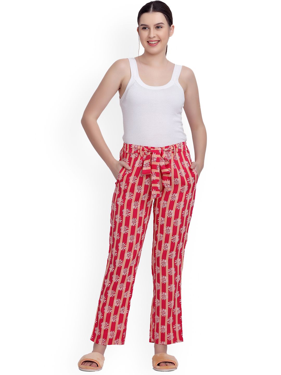 MAYSIXTY Women Coral-Red & Beige Printed Cotton Slim-Fit Lounge Pant Price in India