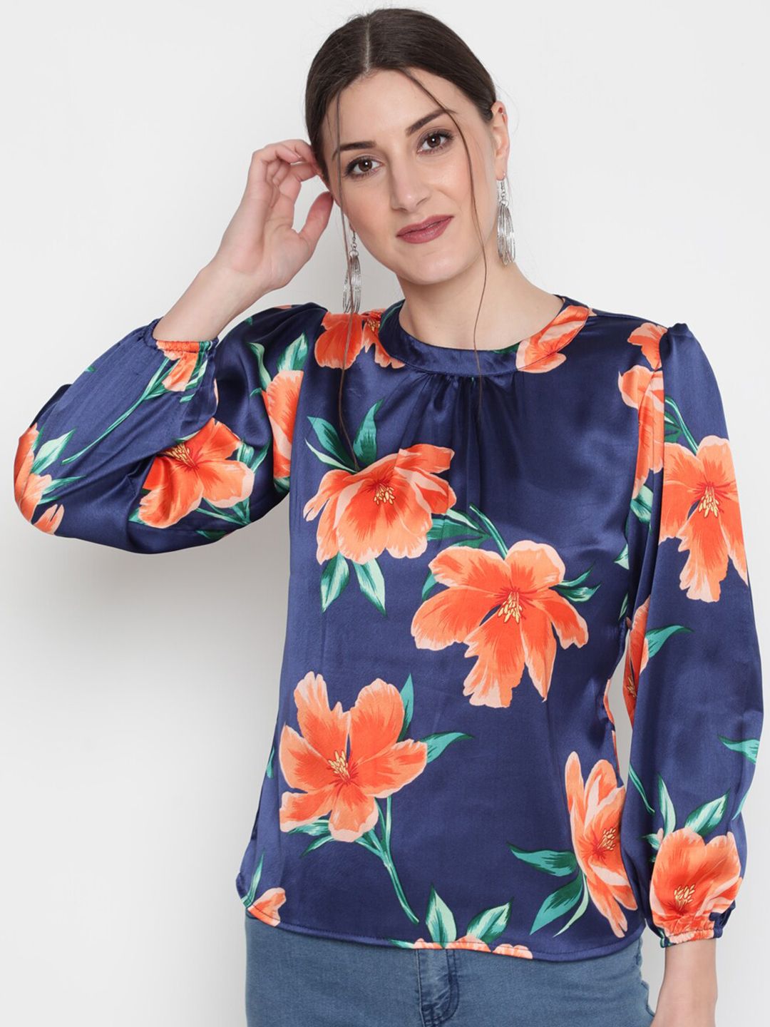 AKIMIA Blue Floral Print Satin Top Price in India