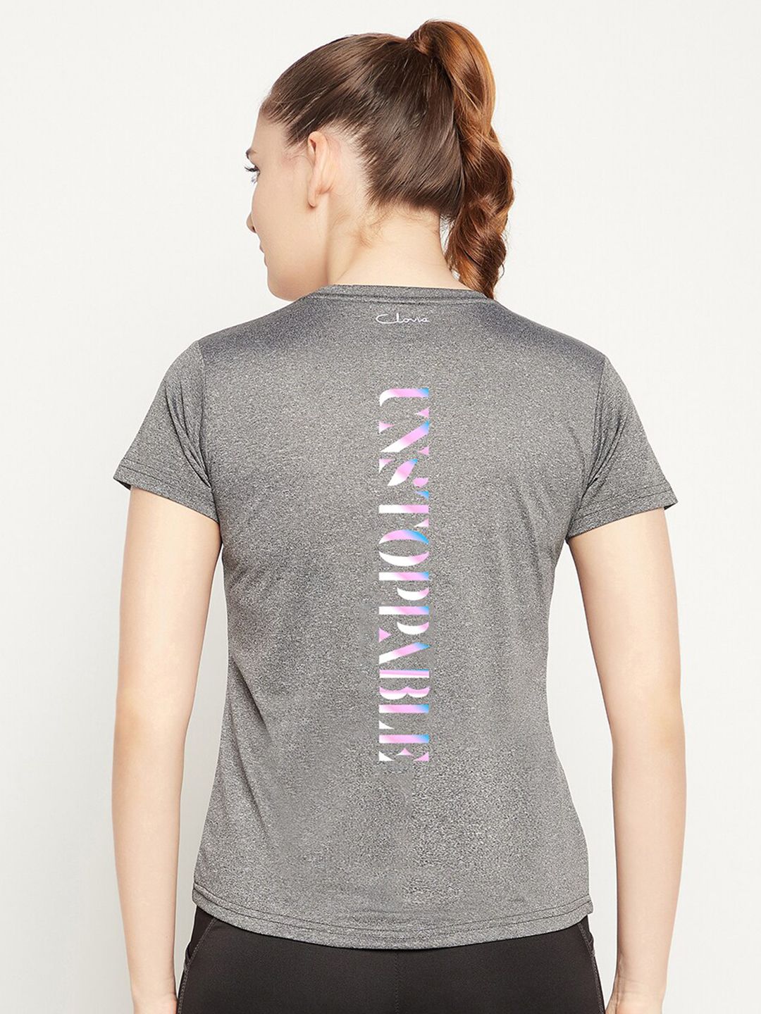 Clovia Women Grey Typography Printed Slim Fit Sports T-shirt Price in India